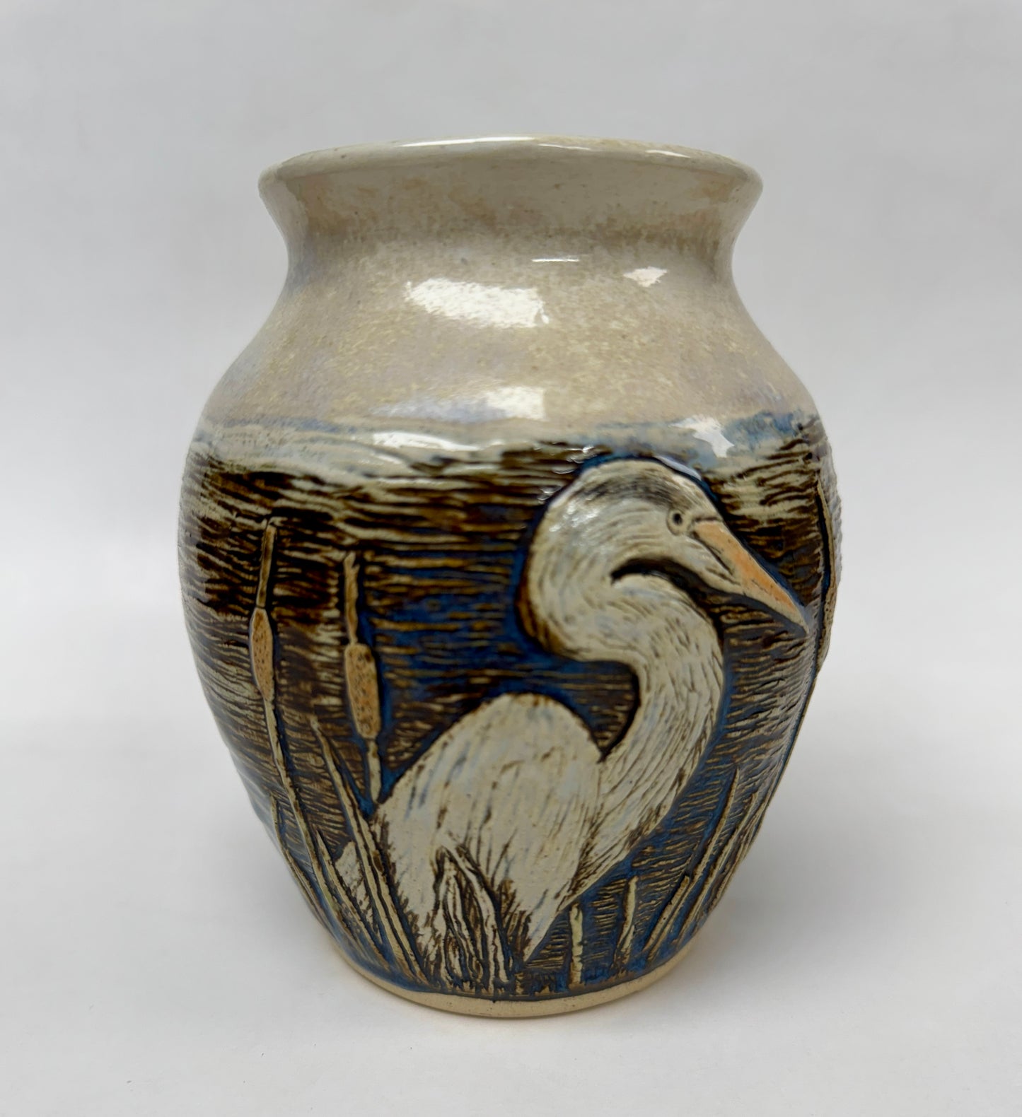 Hand Carved Heron Vase