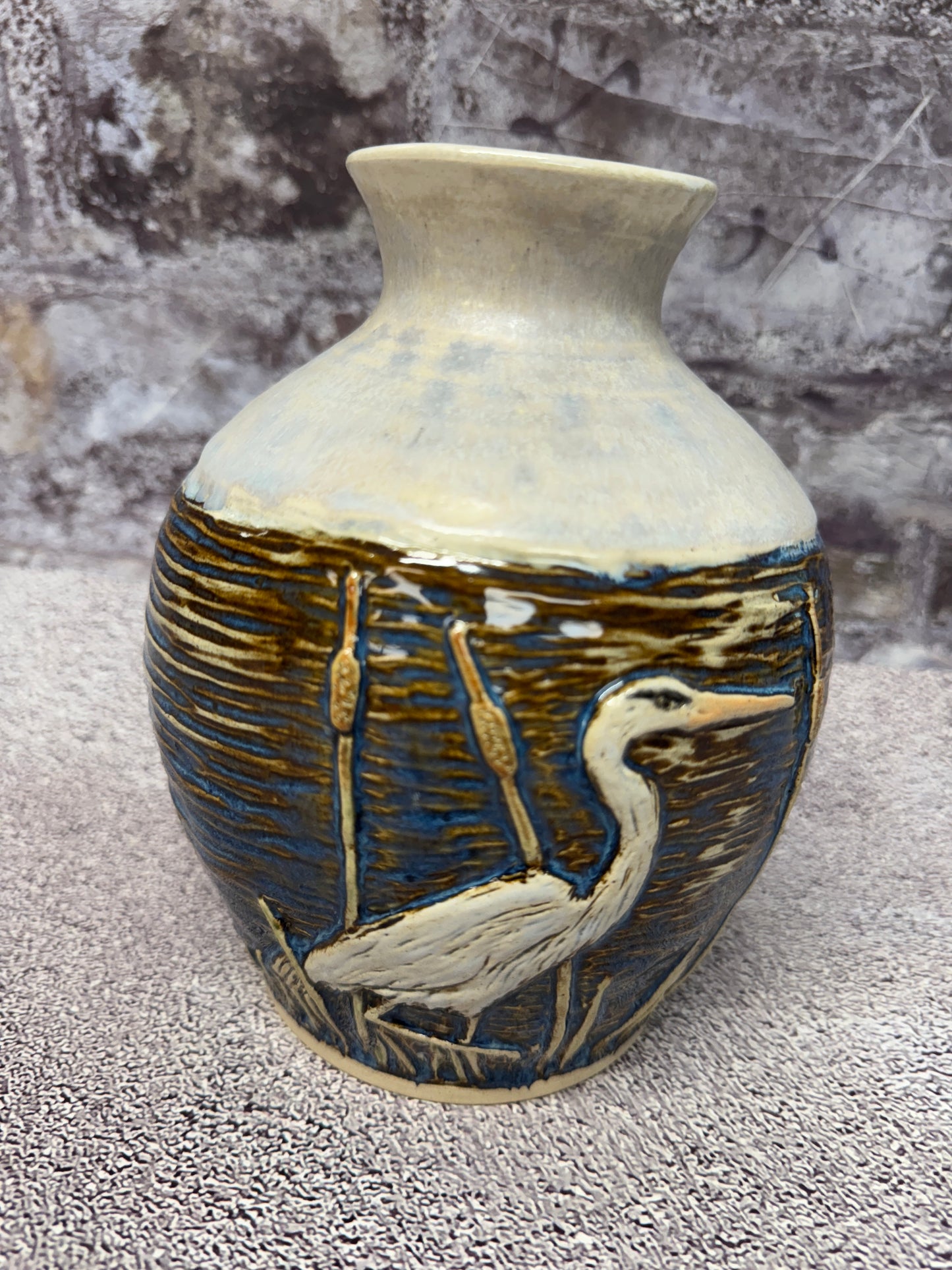 Hand Carved Egret Vase