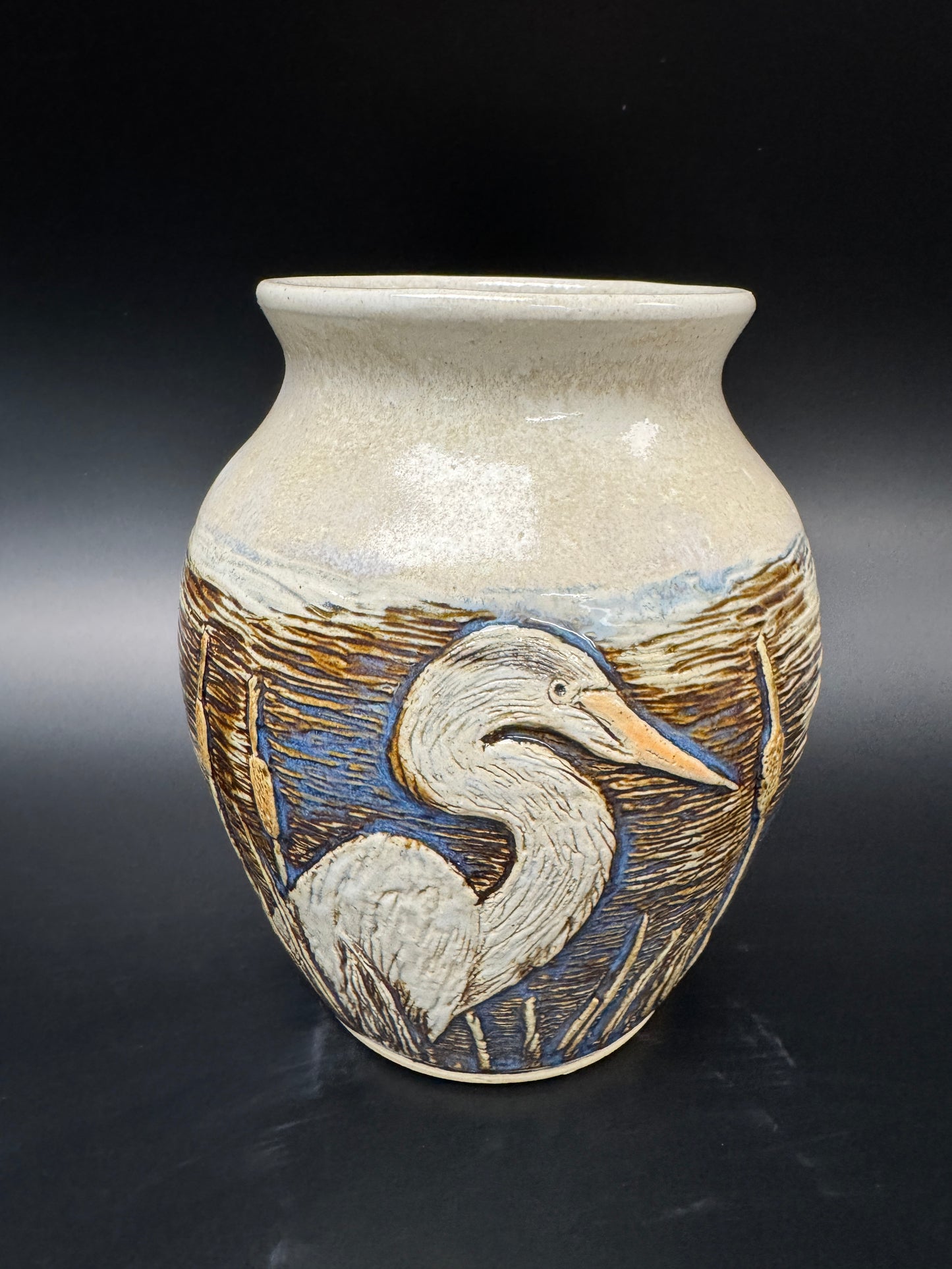 Hand Carved Heron Vase