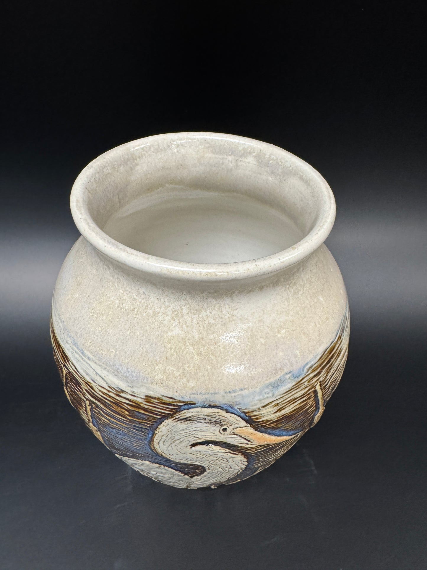 Hand Carved Heron Vase