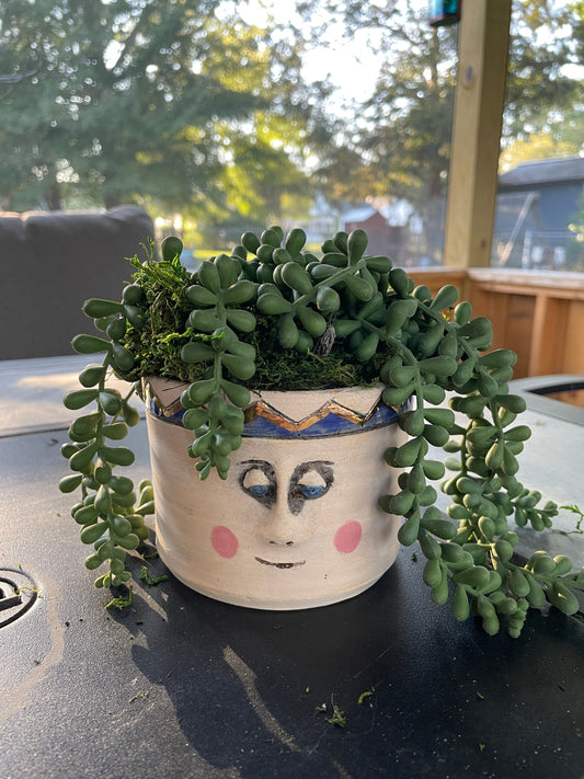 Pottery, Hand-made, Planter, with Face - Pottery Gold Trim, succulents, Gift, Drainage Hole, cute, whimsical,4.5 diameter, 3.25" deep