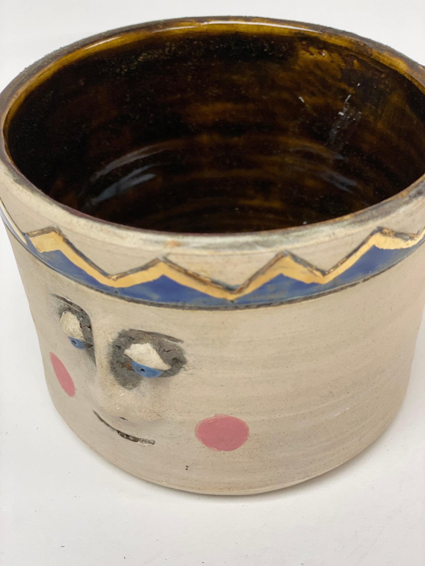 Pottery, Hand-made, Planter, with Face - Pottery Gold Trim, succulents, Gift, Drainage Hole, cute, whimsical,4.5 diameter, 3.25" deep