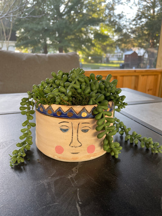Pottery, Hand-made, Planter, with Face - Pottery Gold Trim, succulents, Gift, Drainage Hole, cute, whimsical,4.5 diameter, 3.5" deep