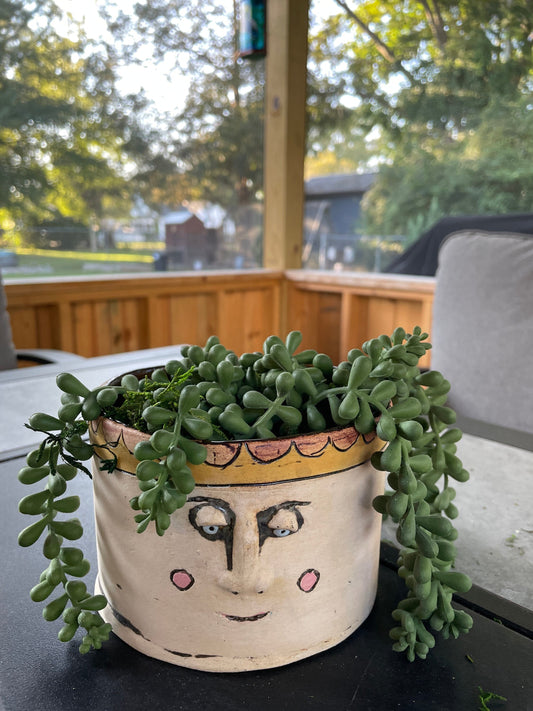 Pottery, Hand-made, Planter, with Face - Hand painted, succulents, Gift, Drainage Hole, cute, whimsical, 4.25" diameter, 3.5" deep