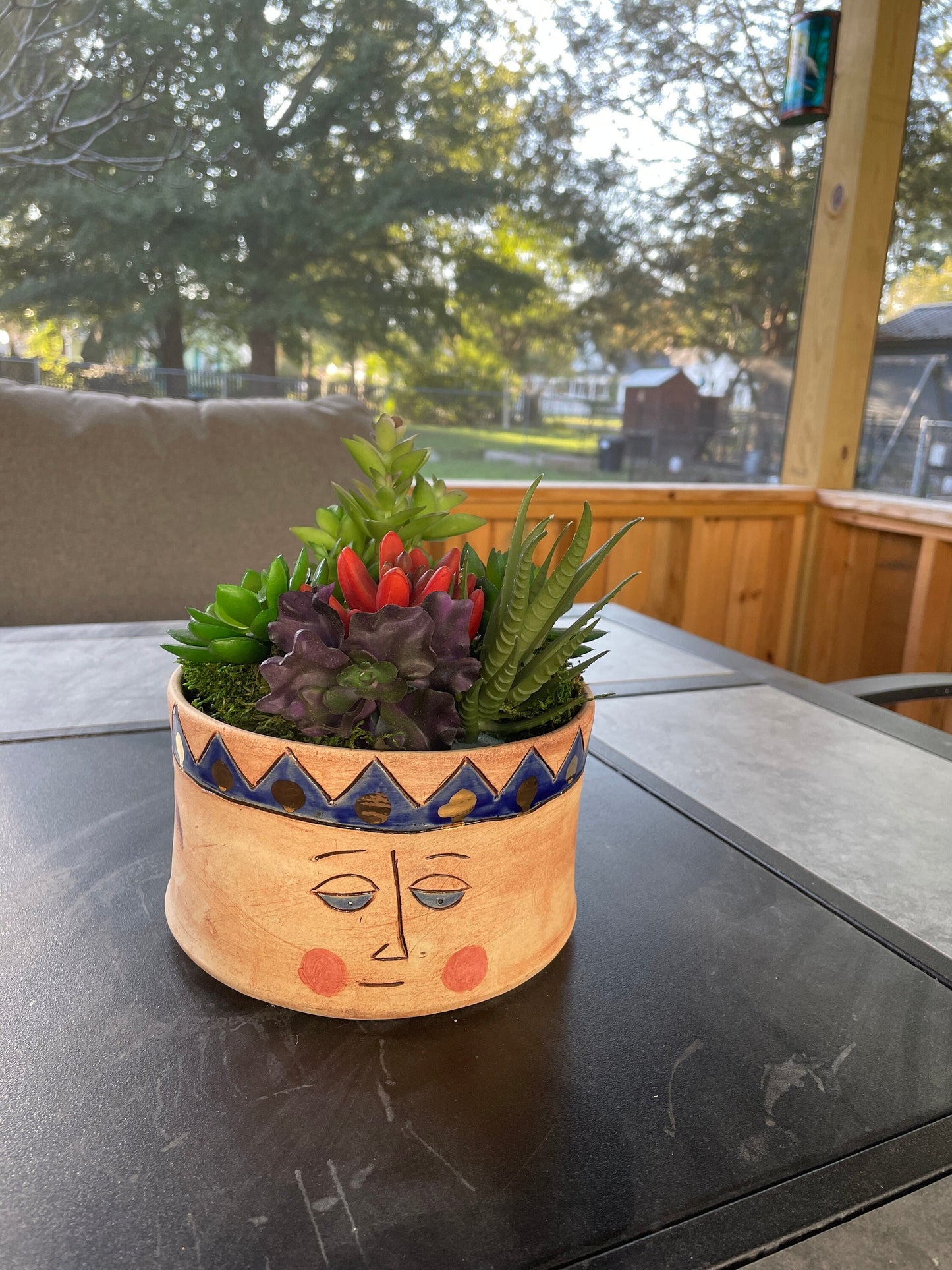 Pottery, Hand-made, Planter, with Face - Pottery Gold Trim, succulents, Gift, Drainage Hole, cute, whimsical, 6" diameter, 3.75 deep