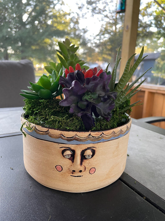 Pottery, Hand-made, Planter, with Face - Pottery Gold Trim, succulents, Gift, Drainage Hole, cute, whimsical, 6" diameter, 3" deep